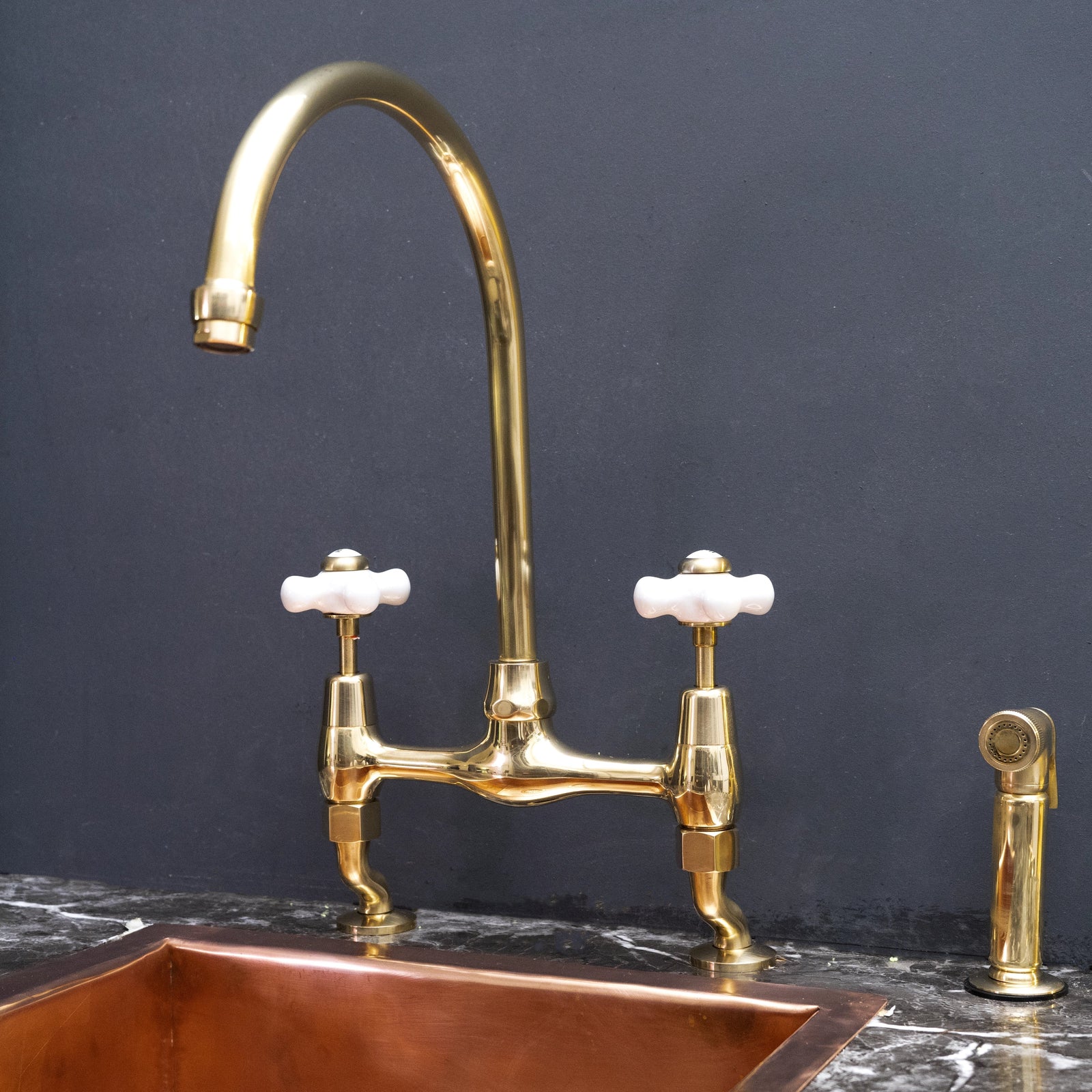 3-Hole Bridge Kitchen Faucet: Everything You Need to Know featuring Unlacquered Brass Curved Legs Bridge Kitchen Faucet