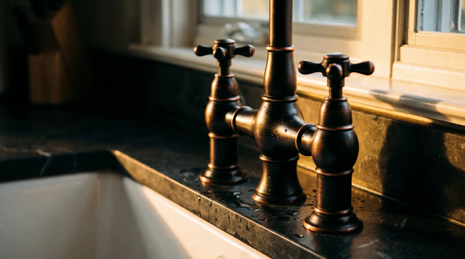 Close-up of an oil-rubbed bronze kitchen faucet with cross handles