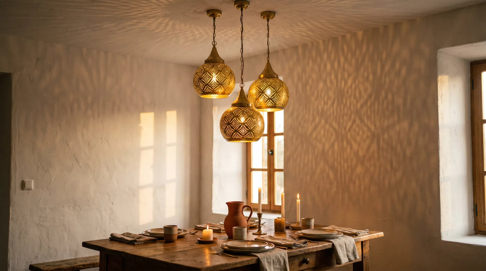 Three Moroccan brass pendant lamps casting geometric shadow patterns on walls