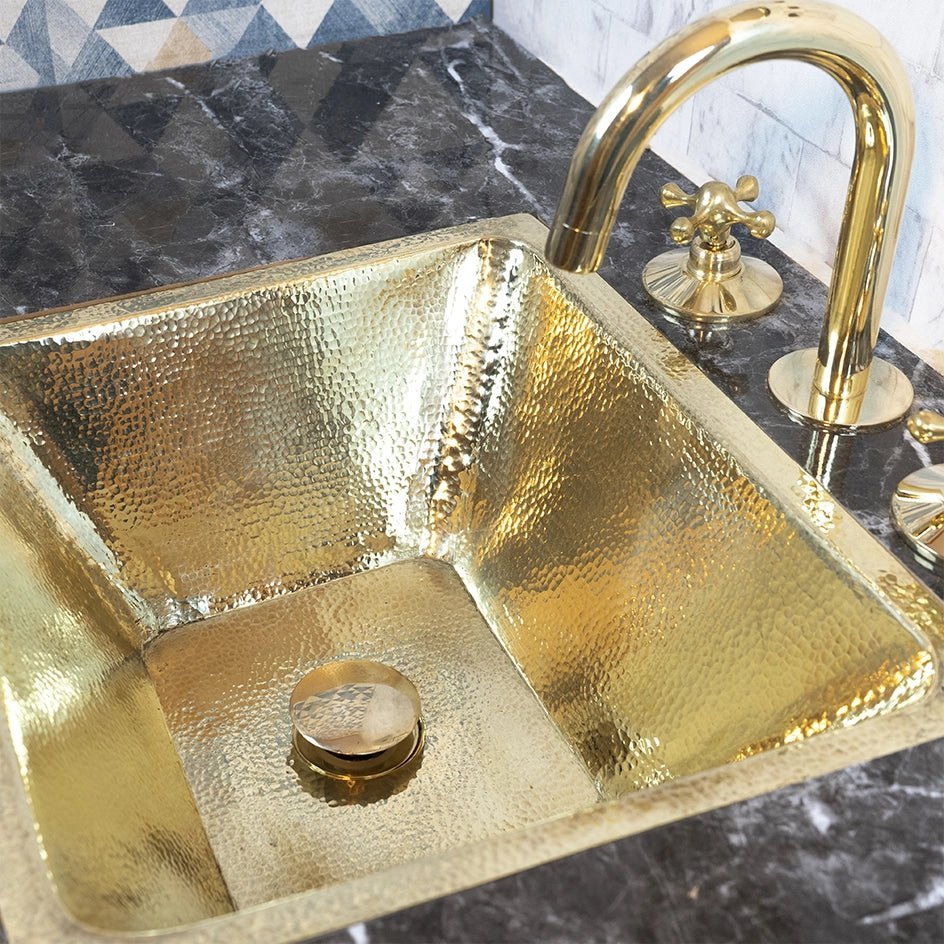Powder Room Design Ideas featuring Handcrafted Unlacquered Brass Bathroom Sink