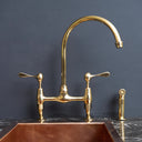 AquaPrime brass bridge faucet – installed over double bowl sink