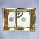 Unlacquered brass double bowl sink – side view showing 30-inch width