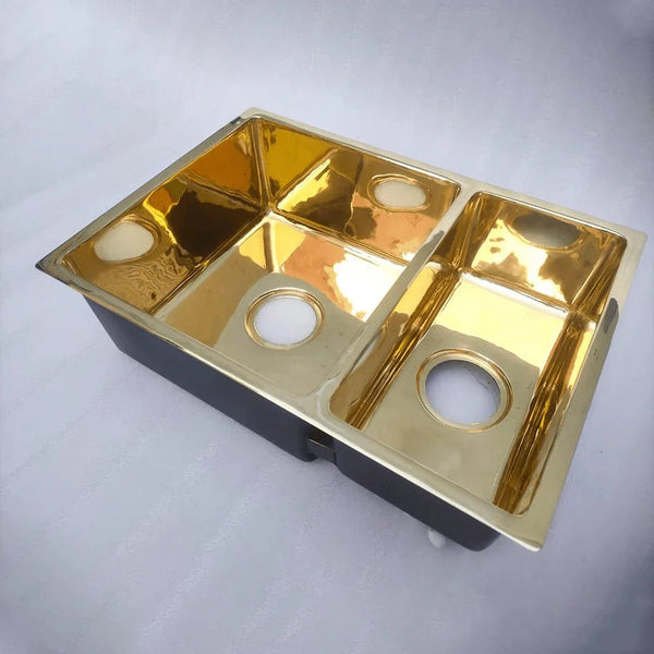 Unlacquered brass double bowl workstation sink – equal bowl configuration, undermount