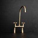 Unlacquered brass Verve bridge kitchen faucet – modern lines, front view
