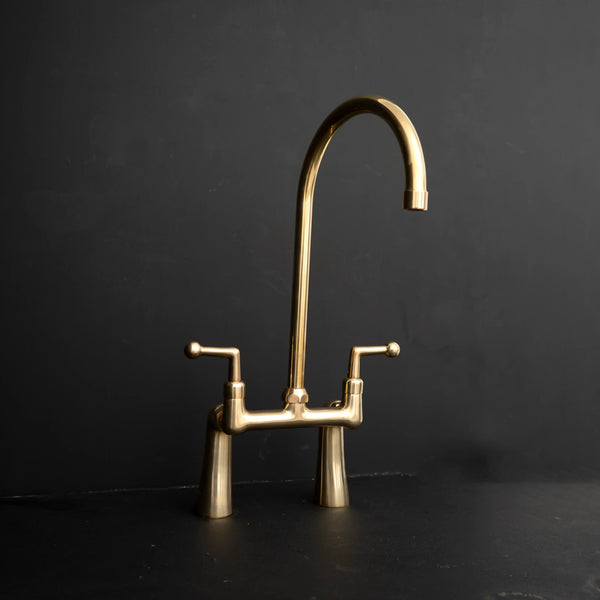 Unlacquered brass 3-hole bridge kitchen faucet – two handle, front view