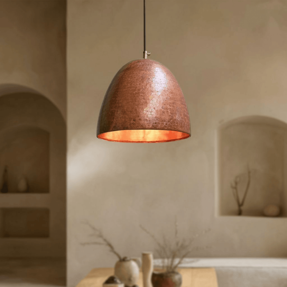 Hammered Copper Dome Pendant Light – Rustic Farmhouse Ceiling Fixture - Brass For Homes - 