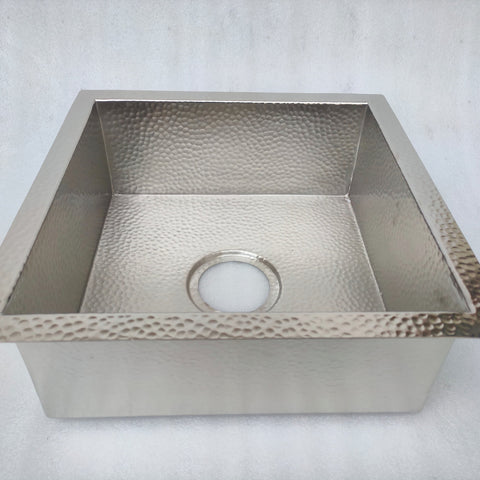 Handmade square silver kitchen sink – undermount with hammered texture, front view