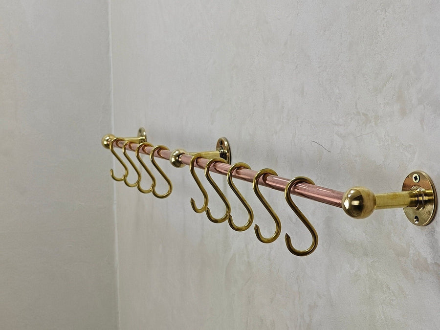 Unlacquered Brass Copper Pot Rail With S Hooks kitchen hardware for cabinets, drawers, sinks, drains, pot rails, and kitchen utility areas - view 1