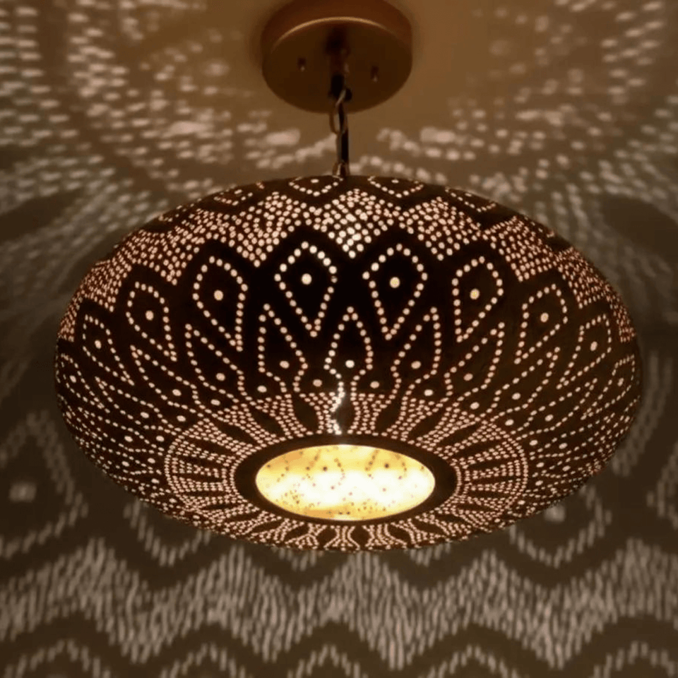 Brass Flush Pendant Light – Lotus Pattern Pierced Ceiling Shadow Fixture pendant light for kitchen islands, dining rooms, vanities, and warm artisan interiors - view 1