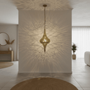 Brass pierced boho pendant light casting shadows on wall and ceiling – Brass For Homes