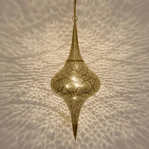 Brass pierced pendant light – boho ceiling fixture with artistic shadow patterns