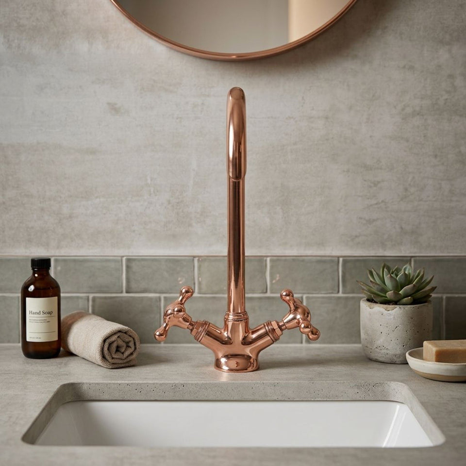 Copper Gooseneck Bathroom Faucet – Solid Brass Basin Tap bathroom faucet for bathroom vanities, powder rooms, basin sinks, and vintage-inspired wash spaces - view 1