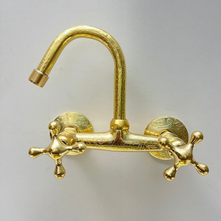 Engraved Brass Wall Mounted Kitchen Faucet kitchen faucet for kitchen sinks, prep sinks, bridge faucet layouts, and farmhouse kitchens - view 1