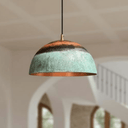 Oxidized copper dome pendant with green patina finish over kitchen island – Brass For Homes