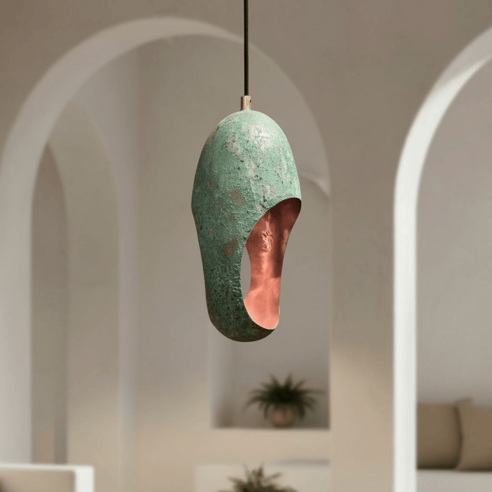 Green Patina Copper Pendant – Cutout Dome Ceiling Light for Rustic Decor pendant light for kitchen islands, dining rooms, vanities, and warm artisan interiors - view 1