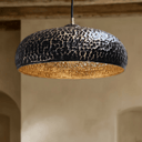 Hammered brass pendant light close-up – artisan dome texture detail – Brass For Homes