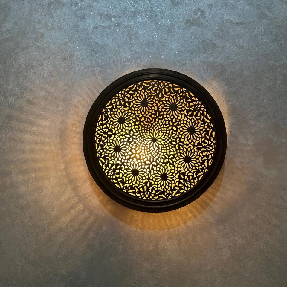 Handcrafted Round Brass Sconce – Engraved Moroccan Wall Light pendant light for kitchen islands, dining rooms, vanities, and warm artisan interiors - view 1