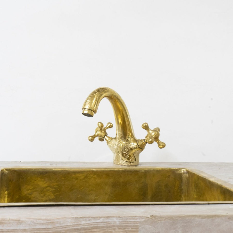 Unlacquered brass single hole bathroom faucet – brushed finish, front view
