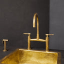 Mykonos unlacquered brass bridge faucet with sprayer – overhead detail view