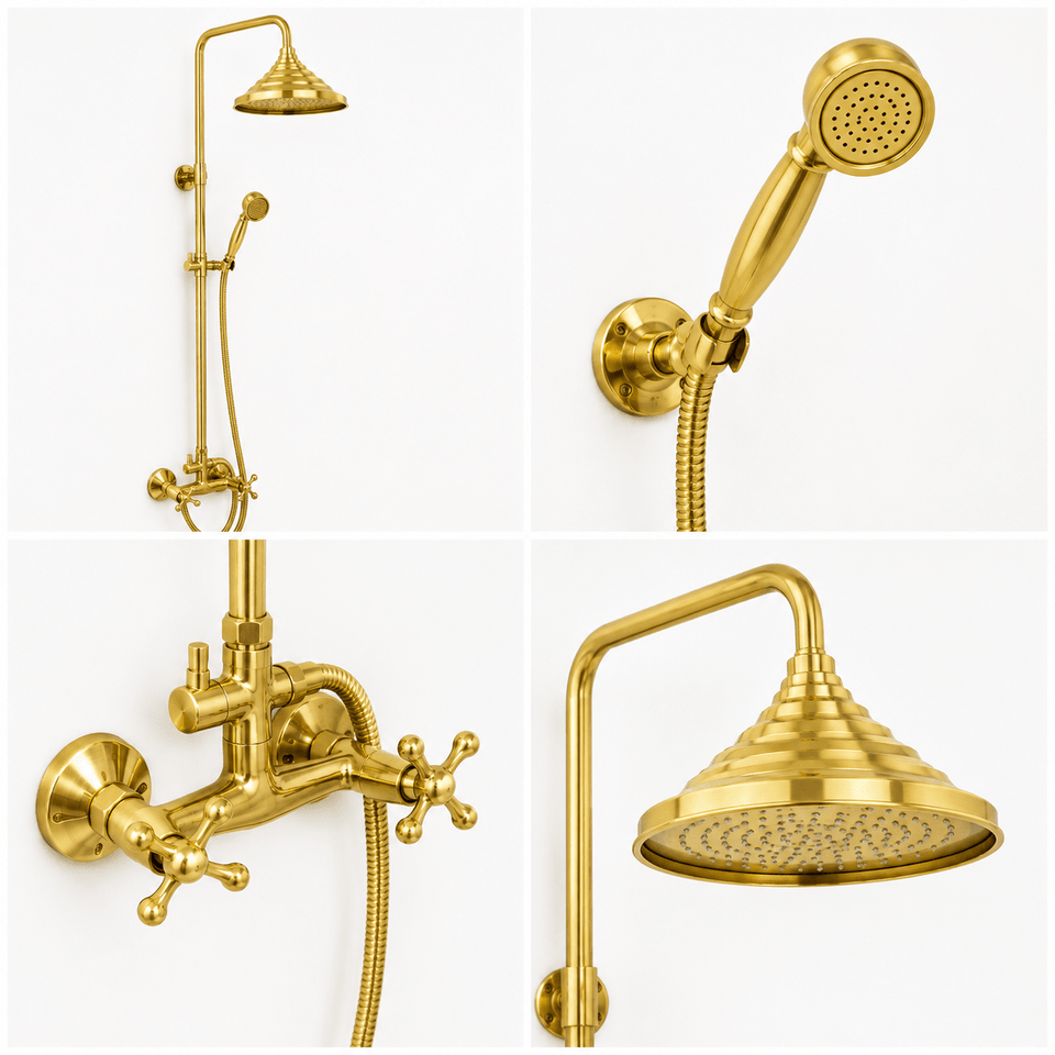 Outdoor Gold Rain Shower – Solid Brass Wall Mounted System shower system for primary bathrooms, guest bathrooms, walk-in showers, and classic bath renovations - view 1