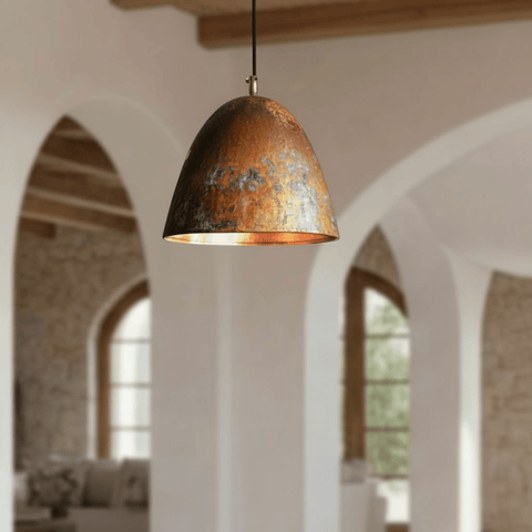 Oxidized copper dome pendant light for warm kitchens, front view – Brass For Homes
