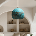 Handcrafted turquoise patina copper pendant – rustic ceiling light close-up – Brass For Homes