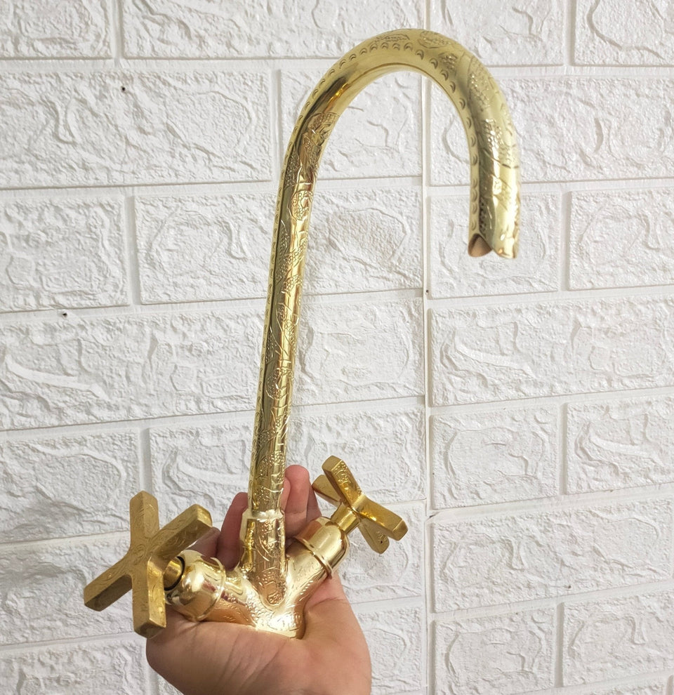 Unlacquered Brass Engraved Gooseneck Faucet Kitchen Faucets product photo