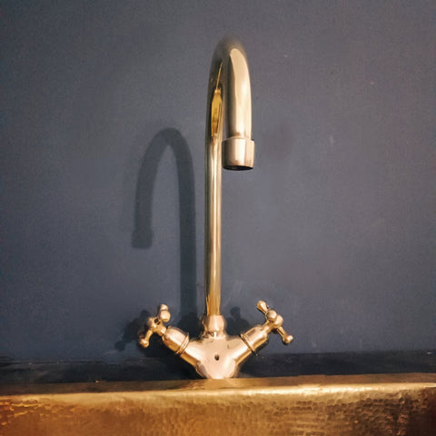 Unlacquered brass gooseneck bathroom faucet – high-arc vessel sink faucet, front view
