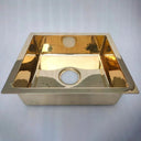 Unlacquered brass single bowl sink – natural patina finish, side view