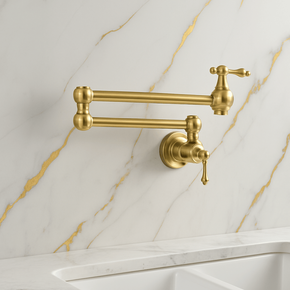 Unlacquered Brass Pot Filler – Solid Brass Wall Mount Faucet Kitchen Faucets product photo