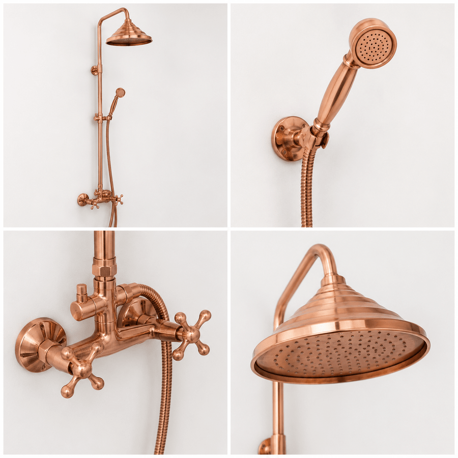 Unlacquered Copper Outdoor Shower with Handmade Copper Showerhead home decor accent for entryways, bathrooms, kitchens, shelves, and warm artisan interiors - view 1