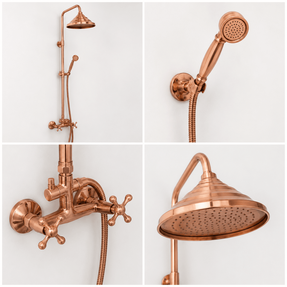 Unlacquered Copper Outdoor Shower with Handmade Copper Showerhead home decor accent for entryways, bathrooms, kitchens, shelves, and warm artisan interiors - view 1
