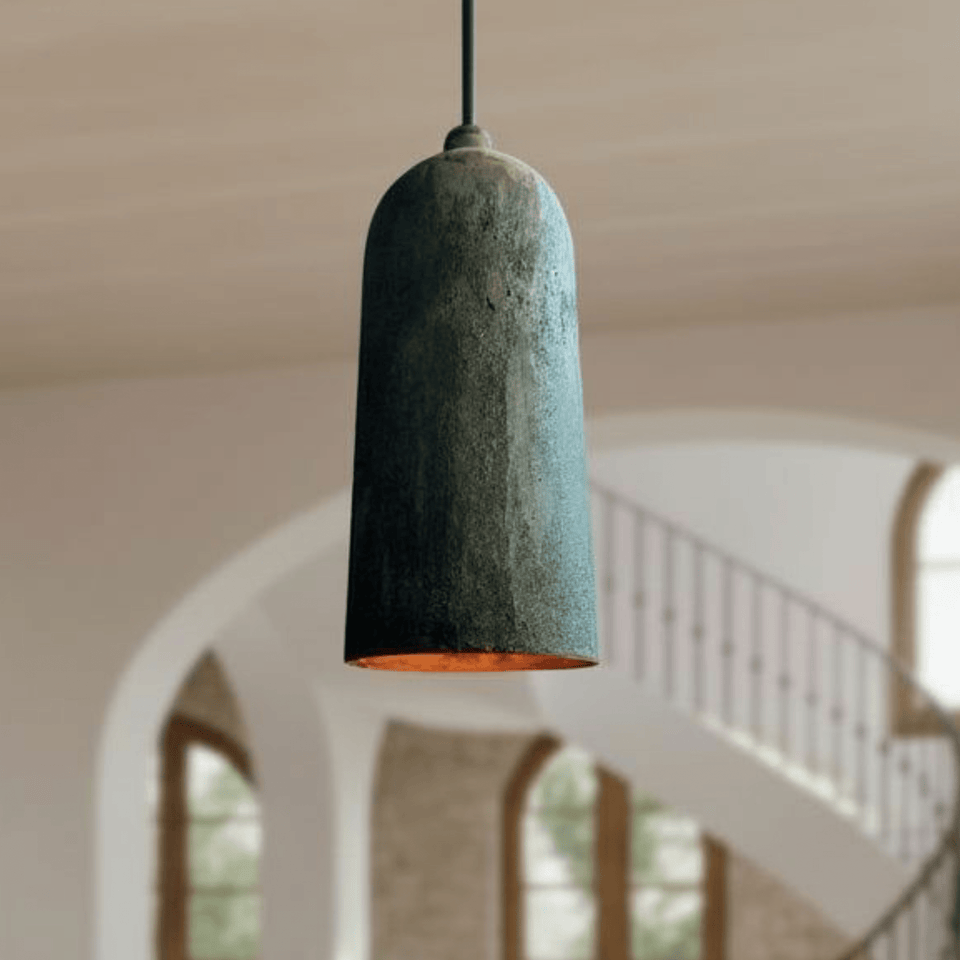 Verdigris copper cylinder pendant with long green patina finish – Brass For Homes